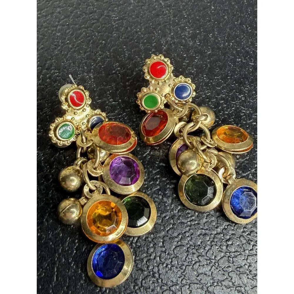 VTG Colorful Disc Bead Dangle Earrings Rainbow Gold Glam Party